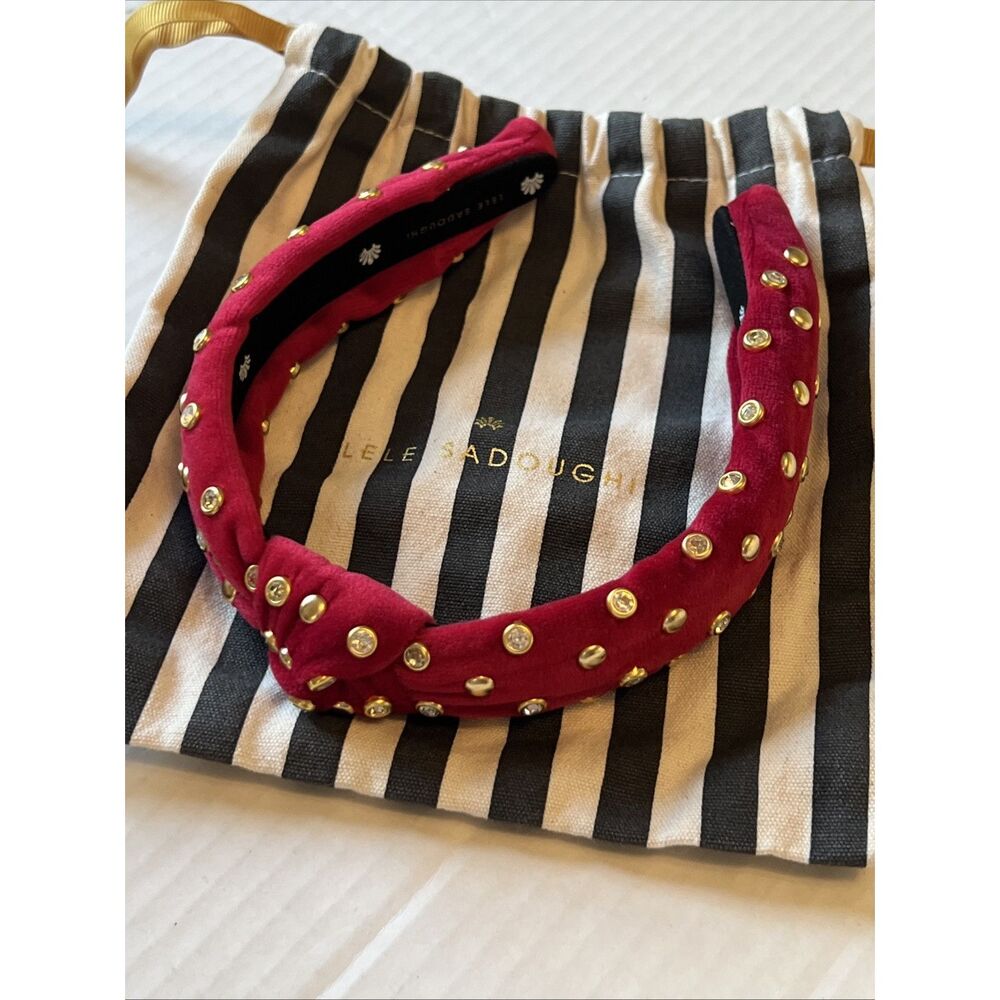 Lele Sadoughi Petite Velvet Knotted Crystal Studs Headband Holiday Red Gold NWT